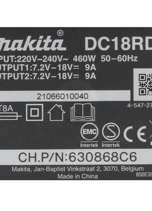 Kit de fuente de alimentación Makita de 18 V con 2 baterías BL 1820 B de 2,0 Ah (2x 197254-9) + cargador rápido doble DC 18 RD (196933-6)