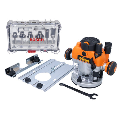 Triton MOF001 Oberfräse 1400 Watt 59 mm Hub + Anschlag + 6 tlg. Fräser Set