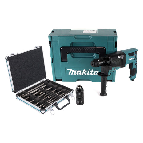 Makita HR 2631 FTJ Kombihammer 800 W 2,4 J SDS Plus + Schnellspannbohrfutter + 13 tlg. Bohrer und Meißel Set + Makpac