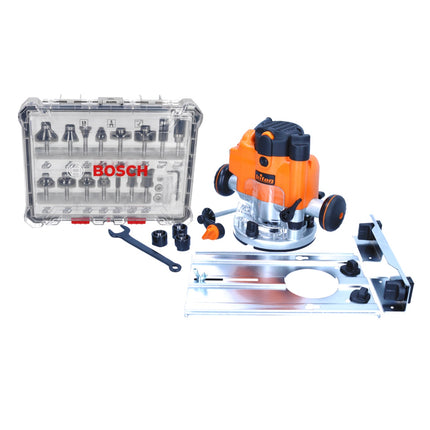 Triton JOF001 Oberfräse 1010 Watt 59 mm Hub + Anschlag + 15 tlg. Fräser Set