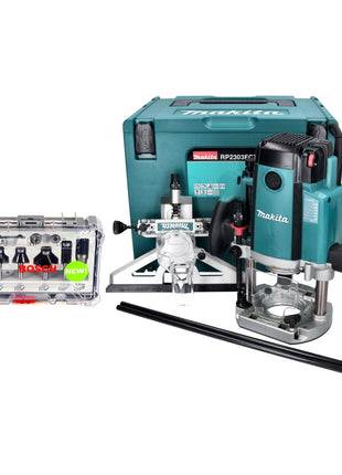 Makita RP 2303 FCXJ Oberfräse 2100 Watt 70 mm Hub + Anschlag + 6 tlg. Fräser Set + Makpac