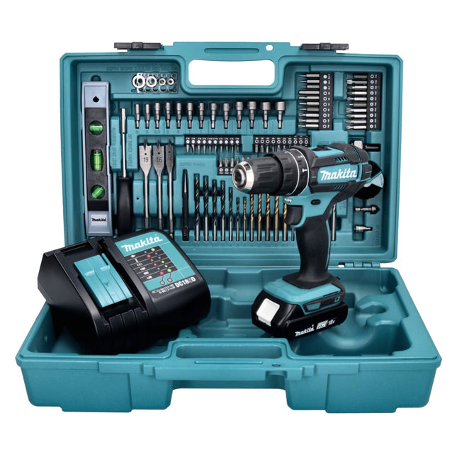 Makita DHP 482 SAX5 trapano a percussione a batteria 18 V 62 Nm + 1x batteria ricaricabile 2,0 Ah + caricabatterie + set di accessori da 101 pezzi + valigetta