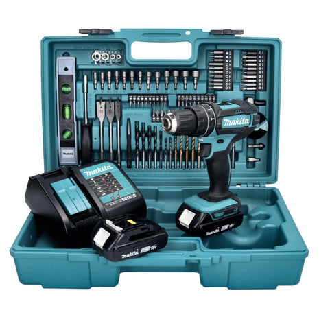 Taladro percutor inalámbrico Makita DHP 482 SA2X5 18 V 62 Nm + 2x baterías 2,0 Ah + cargador + set de accesorios 101 piezas + estuche