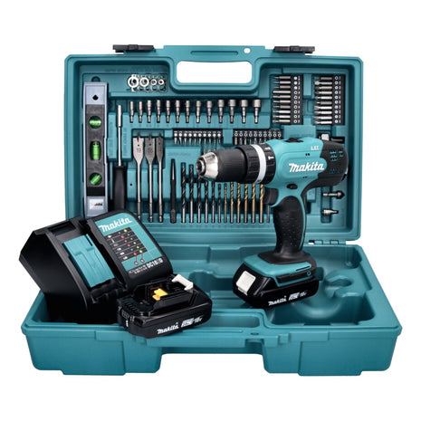 Makita DHP 453 SA2X5 trapano a percussione a batteria 18 V 42 Nm + 2x batteria ricaricabile 2,0 Ah + caricabatterie + set di accessori da 101 pezzi + valigetta