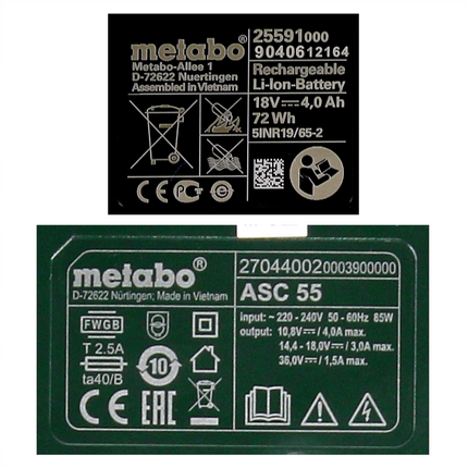 Set base Metabo 3x batteria Li-Power 18 V 4,0 Ah CAS Li-Ion + caricatore ASC 55 ( 685049000 )