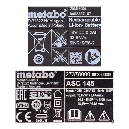 Set di batterie Metabo basic 18V con 2x batterie 5.2Ah + caricatore ASC 145 ( 685051380 )