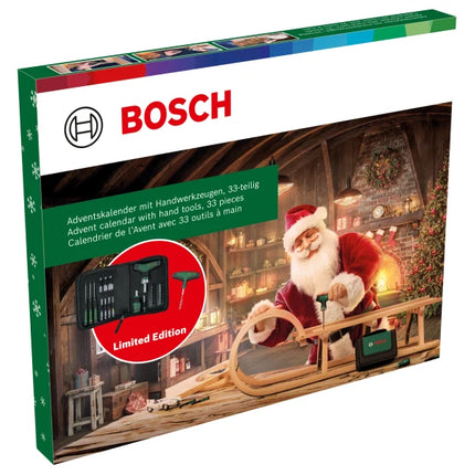 Calendario dell'Avvento Bosch 2024 con set di utensili da 33 pezzi ( 1600A0349X ) Cacciavite a cricchetto con impugnatura a T, cacciavite di precisione, cacciavite a taglio Stubby, accessori, cavatappi, borsa