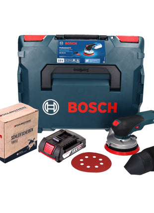 Bosch GEX 18V-125 Professional Akku Exzenterschleifer 18 V 125 mm Brushless + 1x Akku 2,0 Ah + 1x Toolbrothers TURTLE Schleifset + L-BOXX - ohne Ladegerät