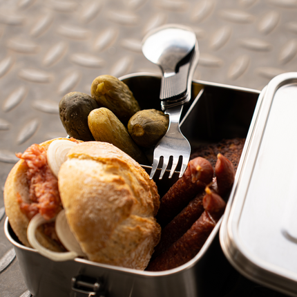 Toolbrothers 4 in 1 Multifunktions - Besteck Set in schwarz aus Löffel, Messer, Gabel, Flaschenöffner Campingausrüstung, faltbar, leicht zu reinigen - Toolbrothers