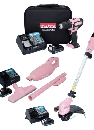 Makita Pink Lady Edition Set perceuse-visseuse sans fil 12 V DF 333 DSAP1 + aspirateur CL 108 FDSAP + coupe-herbe UR 100 DSAP + 3 batteries 2,0 Ah + 3 chargeurs