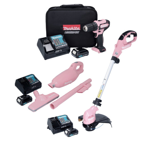 Makita Pink Lady Edition Set perceuse-visseuse sans fil 12 V DF 333 DSAP1 + aspirateur CL 108 FDSAP + coupe-herbe UR 100 DSAP + 3 batteries 2,0 Ah + 3 chargeurs