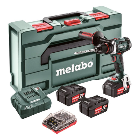 Metabo BS 18 LTX Juego de taladro atornillador inalámbrico 18 V 110 Nm + 3 baterías 4,0 Ah + cargador + juego de puntas 32 piezas + metaBOX