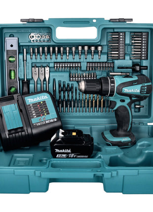 Taladro percutor inalámbrico Makita DHP 456 SFX5 18 V 50 Nm + 1x batería 3,0 Ah + cargador + set de accesorios 101 piezas + estuche