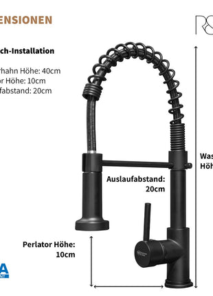 Rosenhahn & Söhne Sylt 200 Küchenarmatur mit Brause- 360° drehbarer Wasserhahn Küche - Armatur Küche [schwarz] - 2-fach verstellbare Spültischarmatur - Brause & Strahl - Anschlussschläuche - Toolbrothers