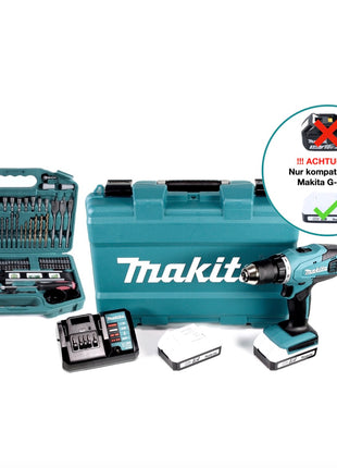 Makita DF 457 DWE 10 akumulatorowa wiertarko-wkrętarka 18 V 42 Nm seria G + 2x akumulator 1,5 Ah + ładowarka + 101-częściowy zestaw wierteł + walizka