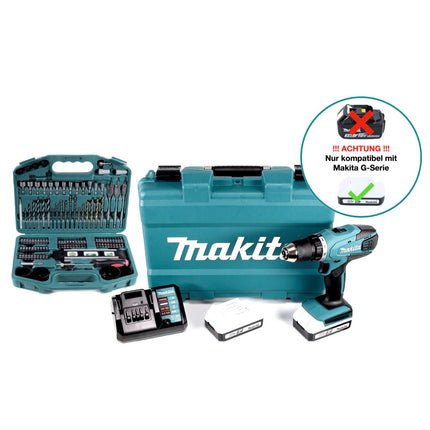 Makita DF 457 DWE 10 Akku Bohrschrauber 18 V 42 Nm G-Serie + 2x Akku 1,5 Ah + Ladegerät + 101 tlg. Bit Bohrer Set + Koffer