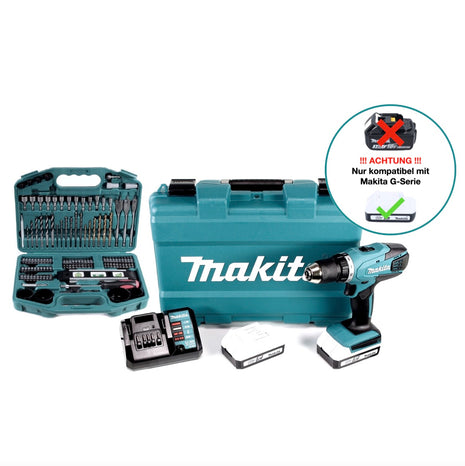 Makita DF 457 DWE 10 Akku Bohrschrauber 18 V 42 Nm G-Serie + 2x Akku 1,5 Ah + Ladegerät + 101 tlg. Bit Bohrer Set + Koffer