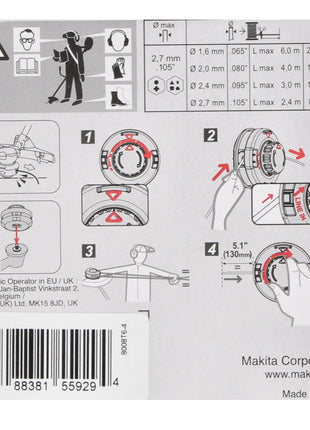 Makita Tap&Go Tête à 2 fils 2,0 mm pour coupe-bordures sans fil 18V DUR 187 et DUR 188 (191D91-7)