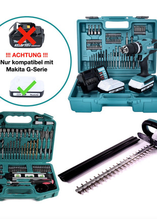 Makita DF 457 DWE Perceuse-visseuse sans fil 18 V 42 Nm série G + Taille-haie sans fil Makita UH 522 DZ + 2x Batteries rechargeables 1,5 Ah + Chargeur + Jeu de forets - 101 pièces + Mallette