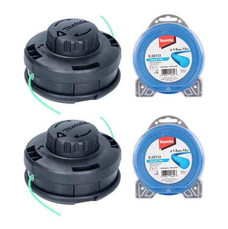 Makita 2-Fadenkopf Tap&Go 2,0 mm 2 Stück ( 2x 191D91-7 ) + Mähfaden rund 1,6 mm 15 m 2 Stück ( 2x E-02733 ) für 18 V Akku Rasentrimmer DUR 187 und DUR 188