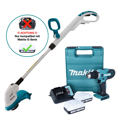 Makita DF 488 DWE Akku Bohrschrauber 18 V 42 Nm G-Serie + Makita UR 180 DZ Akku Rasentrimmer + 2x Akku 1,5 Ah + Ladegerät + Koffer - Toolbrothers