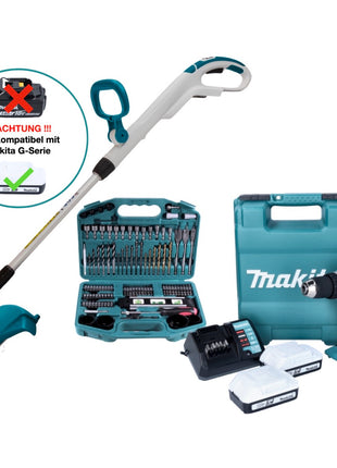 Makita DF 488 DWE10 Akku Bohrschrauber 18 V 42 Nm G-Serie + Makita UR 180 DZ Akku Rasentrimmer + 2x Akku 1,5 Ah + Ladegerät + 101 tlg. Bit Bohrer Set + Koffer