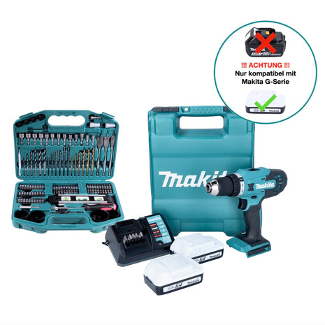 Makita DF488DWE10 Perceuse-visseuse sans fil 42 Nm 18V G-Serie + 2x Batteries 1,5 Ah + Chargeur + Set de forets et embouts (101 pcs.) + Coffret