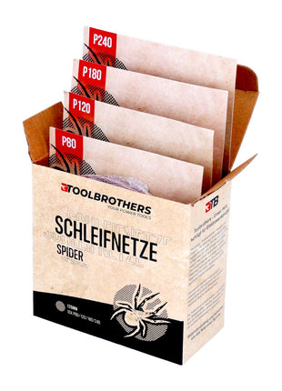 Toolbrothers SPIDER Schleifset Netz Schleifmittel Schleifnetze 125 mm Klett je 10x P80 / P120 / P180 / P240 für Hartholz, Weichholz, Lack, Stein, Stahl, Aluminium, Furnier - Toolbrothers