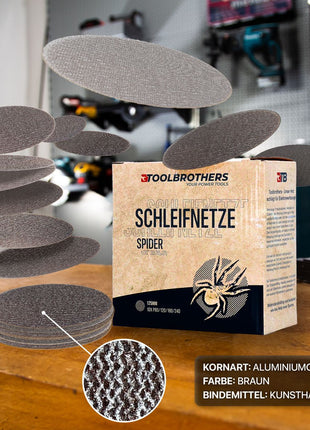 Toolbrothers SPIDER Schleifset Netz Schleifmittel Schleifnetze 125 mm Klett je 10x P80 / P120 / P180 / P240 für Hartholz, Weichholz, Lack, Stein, Stahl, Aluminium, Furnier - Toolbrothers