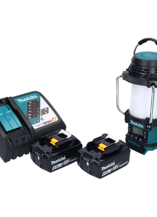 Makita DMR 055 RG akumulatorowy radiotelefon 18 V FM z latarką 360° + 2x akumulator 6,0 Ah + ładowarka