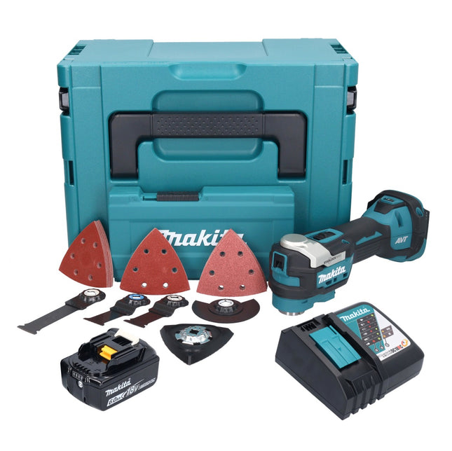 Makita DTM 52 RG1JX4 utensile multifunzione a batteria 18 V Starlock Max Brushless + 1x batteria ricaricabile 6,0 Ah + caricabatterie + set di accessori + Makpac