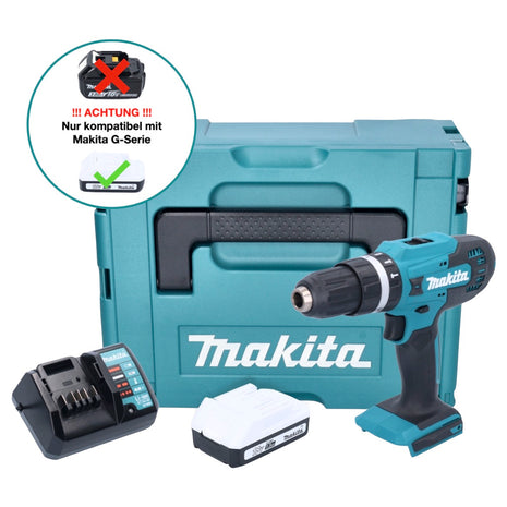 Makita HP 488 DWY1J taladro percutor inalámbrico 18 V 42 Nm Serie G + 1x batería 1,5 Ah + cargador + Makpac