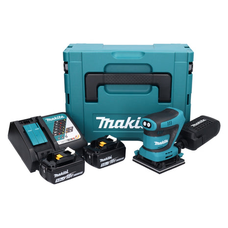 Levigatrice orbitale a batteria Makita DBO 480 RTJ 18 V 112 x 102 mm + 2x batteria ricaricabile 5,0 Ah + caricabatterie + Makpac