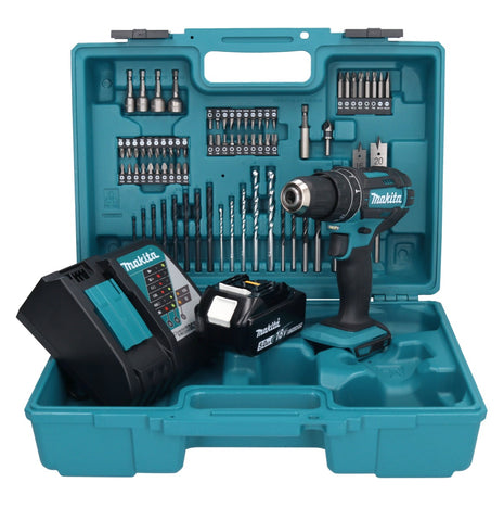 Makita DHP 482 RT1X1 Akku Schlagbohrschrauber 18 V + 1x Akku 5,0 Ah + Ladegerät + 74 tlg. Zubehörset + Koffer