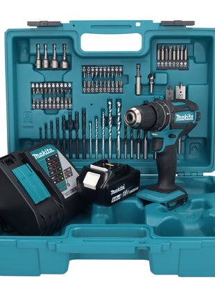 Makita DHP 482 RG1X1 Akku Schlagbohrschrauber 18 V + 1x Akku 6,0 Ah + Ladegerät + 74 tlg. Zubehörset + Koffer