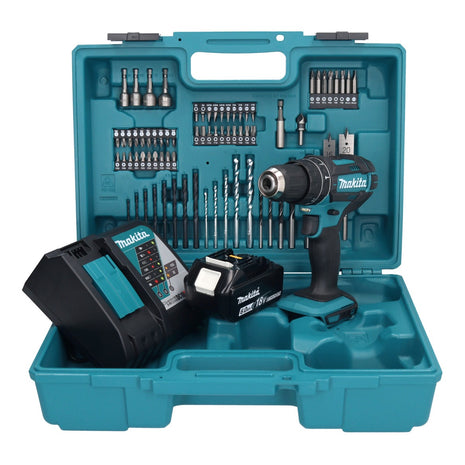 Makita DHP 482 RG1X1 Akku Schlagbohrschrauber 18 V + 1x Akku 6,0 Ah + Ladegerät + 74 tlg. Zubehörset + Koffer