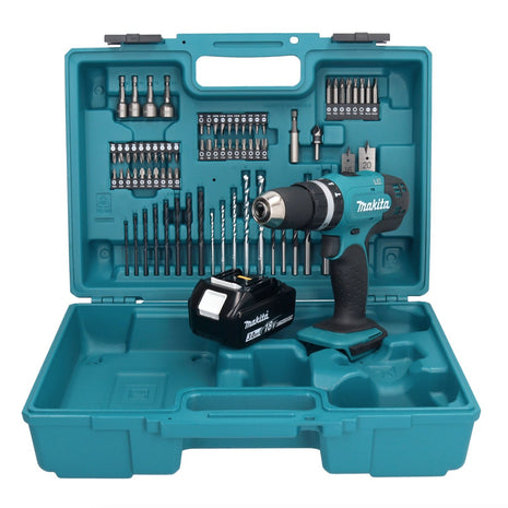 Taladro percutor inalámbrico Makita DHP 453 F1X1 18 V 42 Nm + 1x batería 3,0 Ah + set de accesorios 74 piezas + maletín - sin cargador