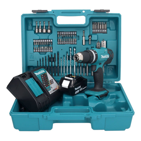 Makita DHP 453 RF1X1 Perceuse-visseuse à percussion sans fil 18 V 42 Nm + 1x Batterie 3,0 Ah + Chargeur + kit d'accessoires - 74 pièces + Coffret