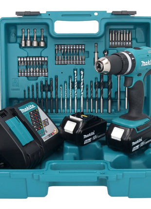 Makita DHP 453 RTX1 Perceuse-visseuse à percussion sans fil 18 V 42 Nm + 2x Batteries 5,0 Ah + Chargeur + kit d'accessoires - 74 pièces + Coffret