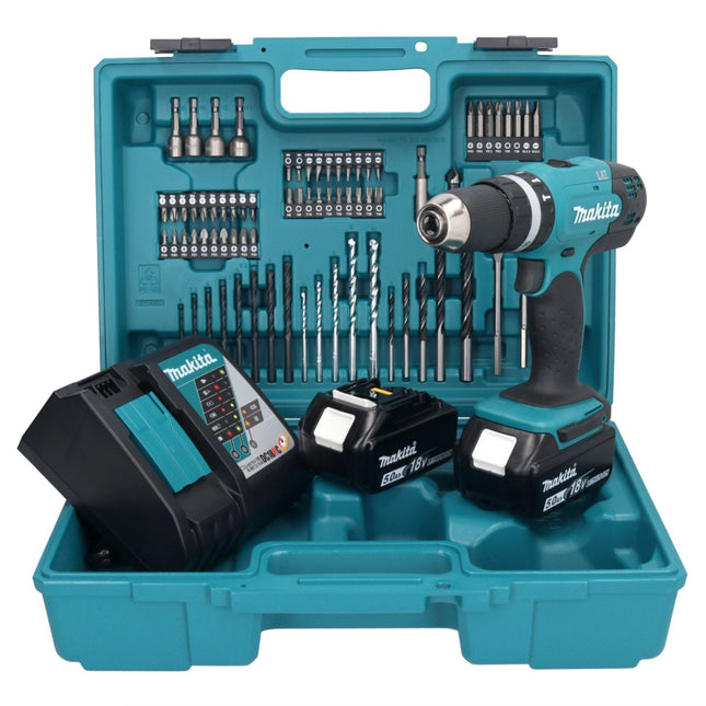 Makita DHP 453 RTX1 Akku Schlagbohrschrauber 18 V 42 Nm + 2x Akku 5,0 Ah + Ladegerät + 74 tlg. Zubehörset + Koffer