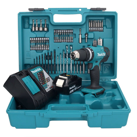 Makita DHP 453 RG1X1 Perceuse-visseuse à percussion sans fil 18 V 42 Nm + 1x Batterie 6,0 Ah + Chargeur + kit d'accessoires - 74 pièces + Coffret