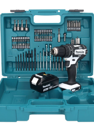 Makita DHP 482 F1X1W Perceuse-visseuse à percussion sans fil 18 V 62 Nm + 1x Batterie 3,0 Ah + kit d'accessoires - 74 pièces + Mallette - sans chargeur