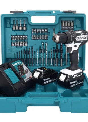 Makita DHP 482 RFX1W Perceuse-visseuse à percussion sans fil 18 V 62 Nm + 2x Batteries 3,0 Ah + Chargeur + kit d'accessoires - 74 pièces + Coffret