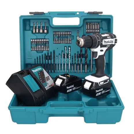 Taladro percutor inalámbrico Makita DHP 482 RFX1W 18 V 62 Nm + 2x baterías 3,0 Ah + cargador + set de accesorios 74 piezas + estuche