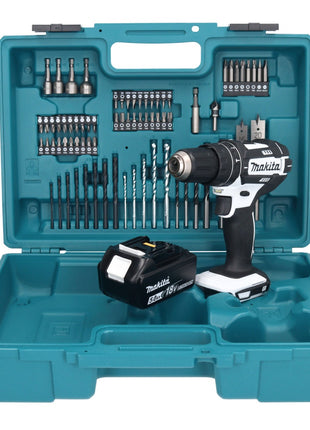 Makita DHP 482 T1X1W Perceuse-visseuse à percussion sans fil 18 V 62 Nm + 1x Batterie 5,0 Ah + kit d'accessoires - 74 pièces + Mallette - sans chargeur