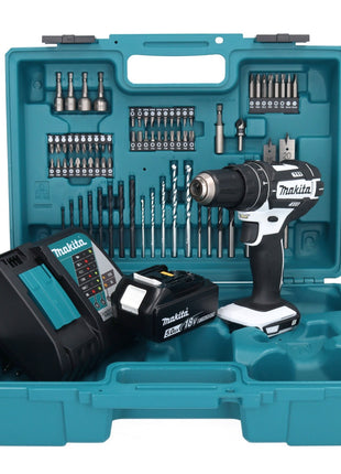 Makita DHP 482 RT1X1W Perceuse-visseuse à percussion sans fil 18 V 62 Nm + 1x Batterie 5,0 Ah + Chargeur + kit d'accessoires - 74 pièces + Coffret