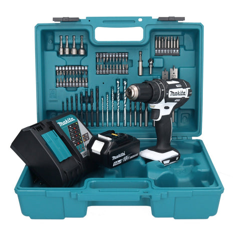 Makita DHP 482 RT1X1W Akku Schlagbohrschrauber 18 V 62 Nm + 1x Akku 5,0 Ah + Ladegerät + 74 tlg. Zubehörset + Koffer