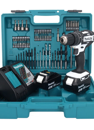 Makita DHP 482 RTX1W Akku Schlagbohrschrauber 18 V 62 Nm + 2x Akku 5,0 Ah + Ladegerät + 74 tlg. Zubehörset + Koffer