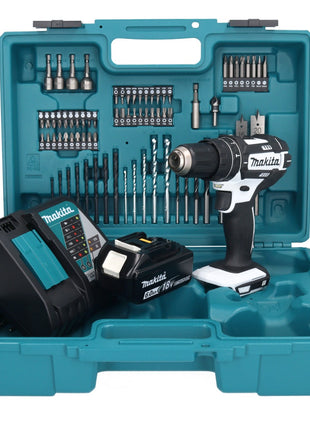 Makita DHP 482 RG1X1W Perceuse-visseuse à percussion sans fil 18 V 62 Nm + 1x Batterie 6,0 Ah + Chargeur + kit d'accessoires - 74 pièces + Coffret