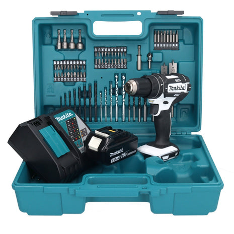 Taladro percutor inalámbrico Makita DHP 482 RG1X1W 18 V 62 Nm + 1x batería 6,0 Ah + cargador + set de accesorios 74 piezas + estuche